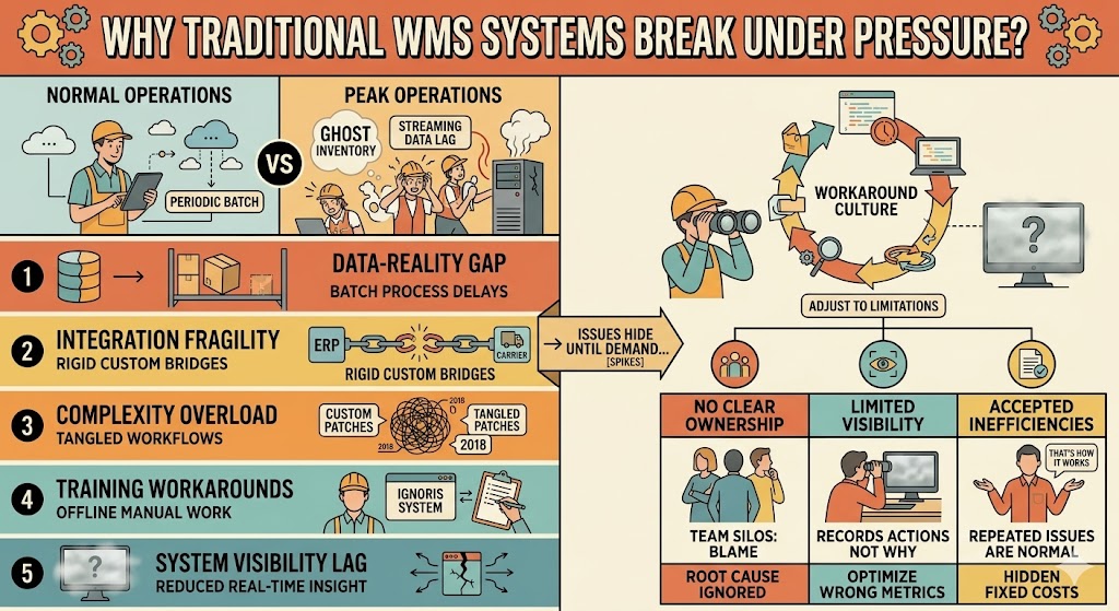 Traditional WMS breaking under peak demand due to data gaps, fragile integrations, complexity, workarounds, and poor visibility.